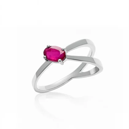 Anillo de oro blanco con doble brazo y rubi oval corsia