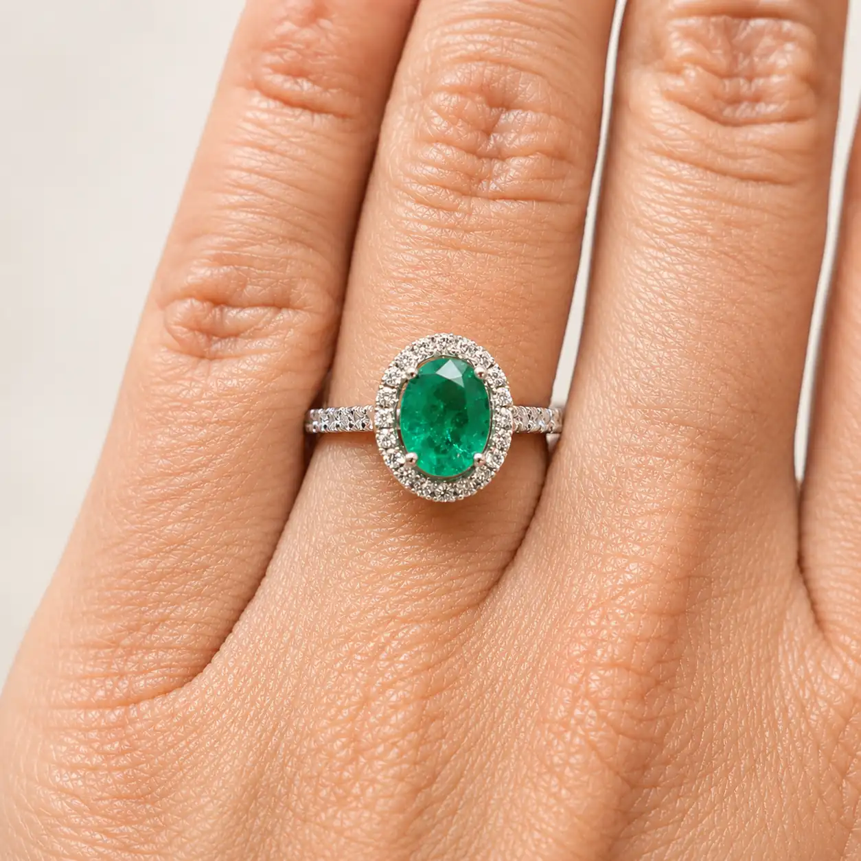 Anillo con esmeralda oval y brazo y orla de diamantes corsia