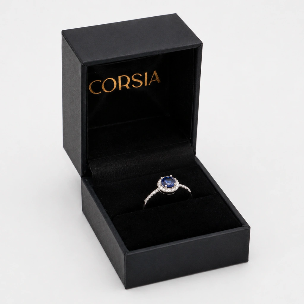 Anillo de oro blanco con zafiro redondo y orla y brazo de diamantes (1)